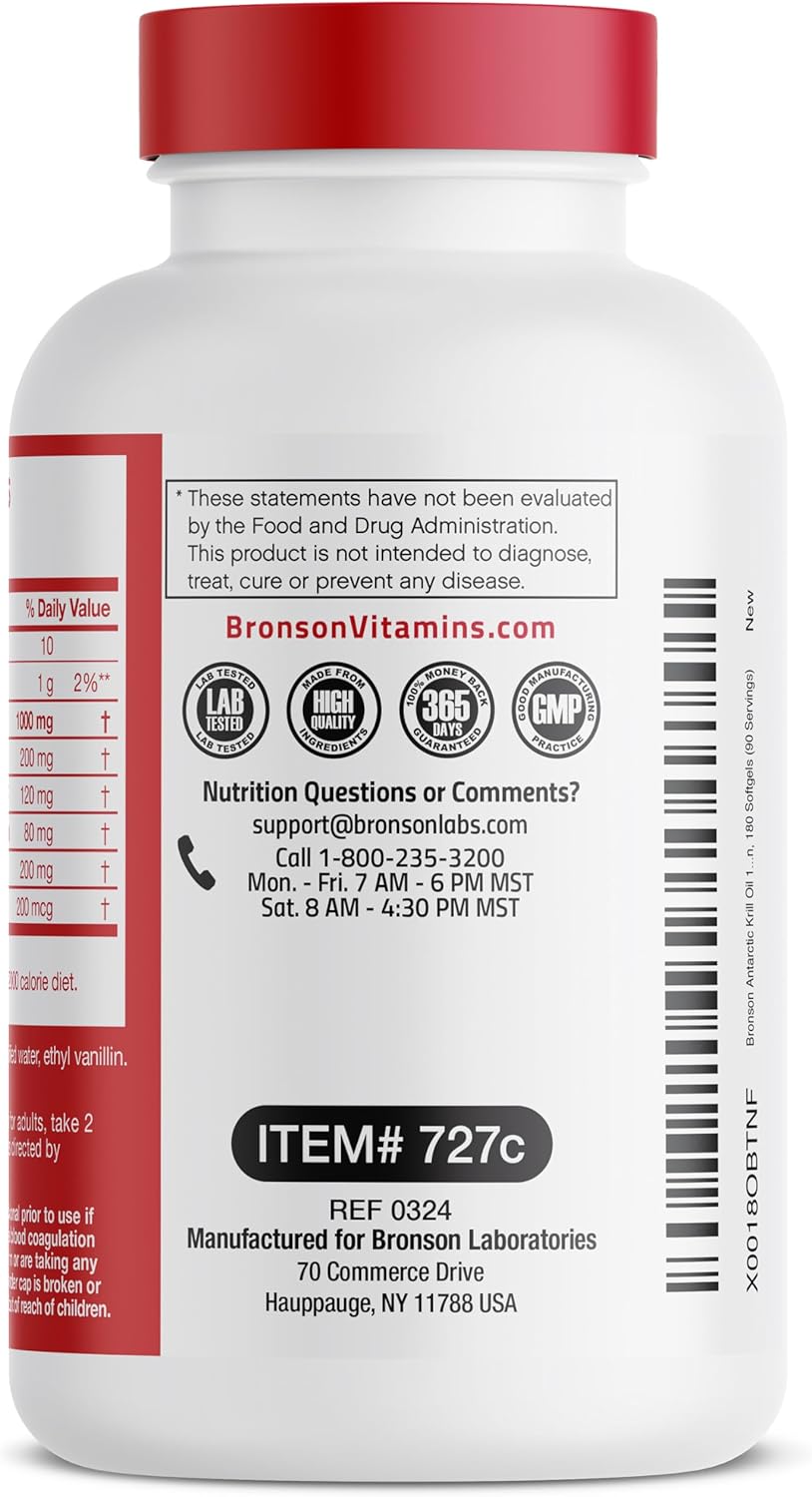 Bronson Antarctic Krill Oil 1000 mg with Omega-3s EPA, DHA, Astaxanthin and Phospholipids 180 Softgels