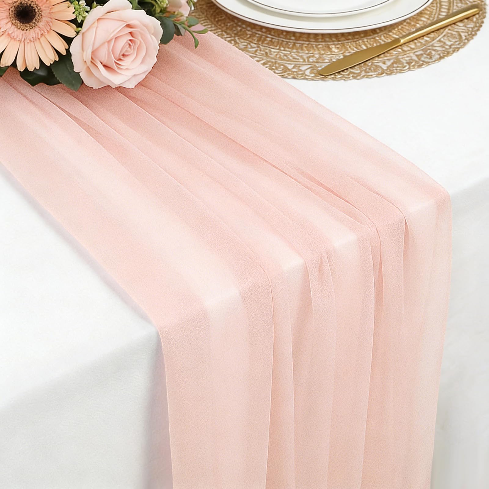chemin de table mousseline rose clair