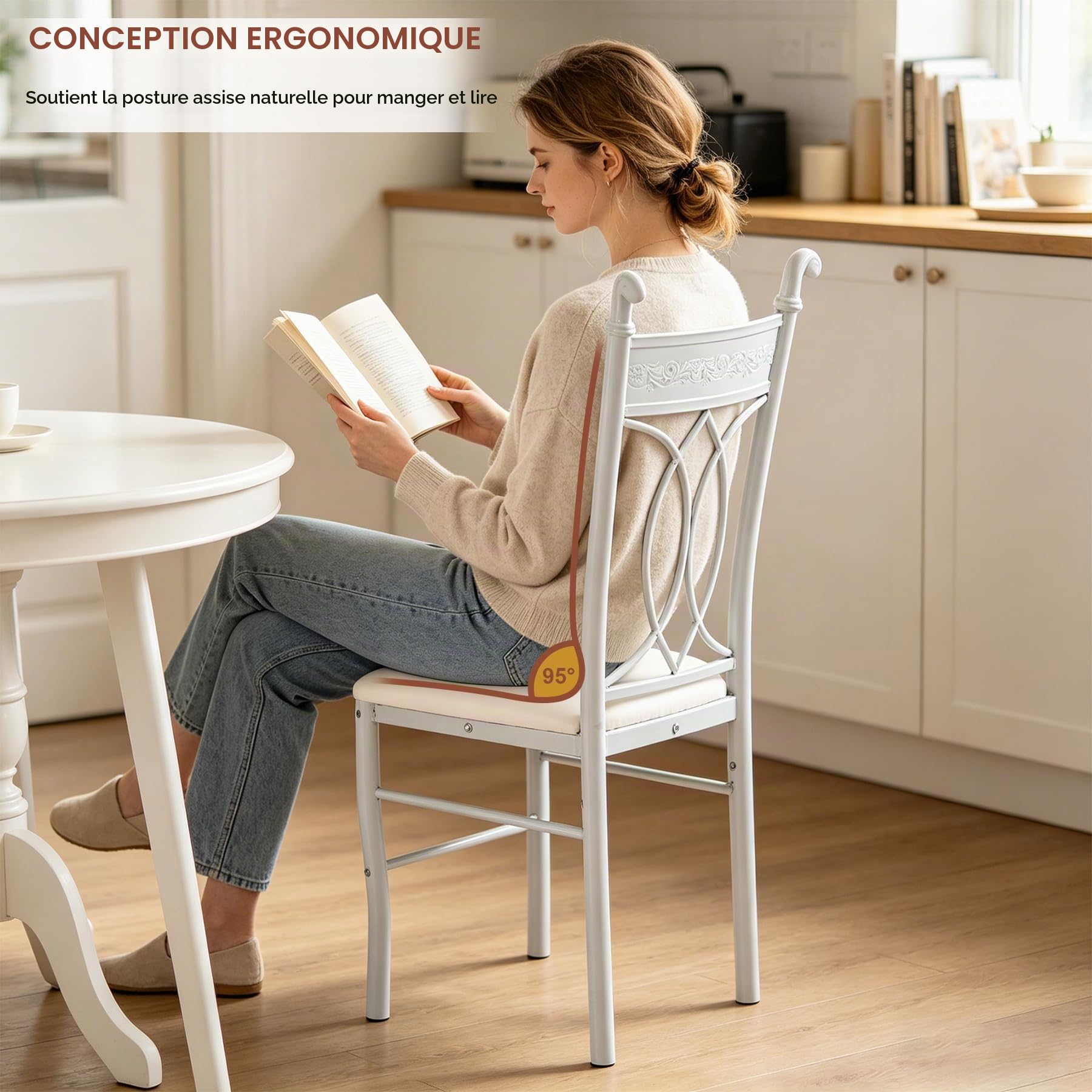 Chaises de Salle à Manger Lot de 4, Chaise de Cuisine avec Pieds en Métal, Assise Rembourrée en Cuir, Dossier Sculpté, Pieds Antidérapants, pour Salle à Manger, Salon, Jardin, Événements, Blanc