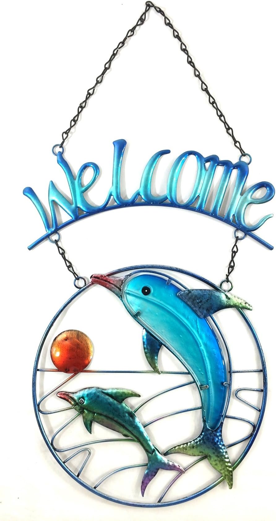 Two Dolphin w/Stained Glass Welcome Signs & Wall Art 22" H