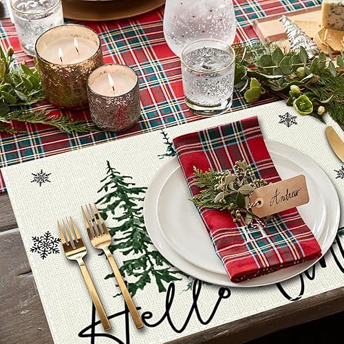 Miniatura 3 de Juego de 4 manteles individuales de Navidad para mesa de comedor, cuadros rojos y blancos, decoración de Navidad, invierno, temporada, acuarela,