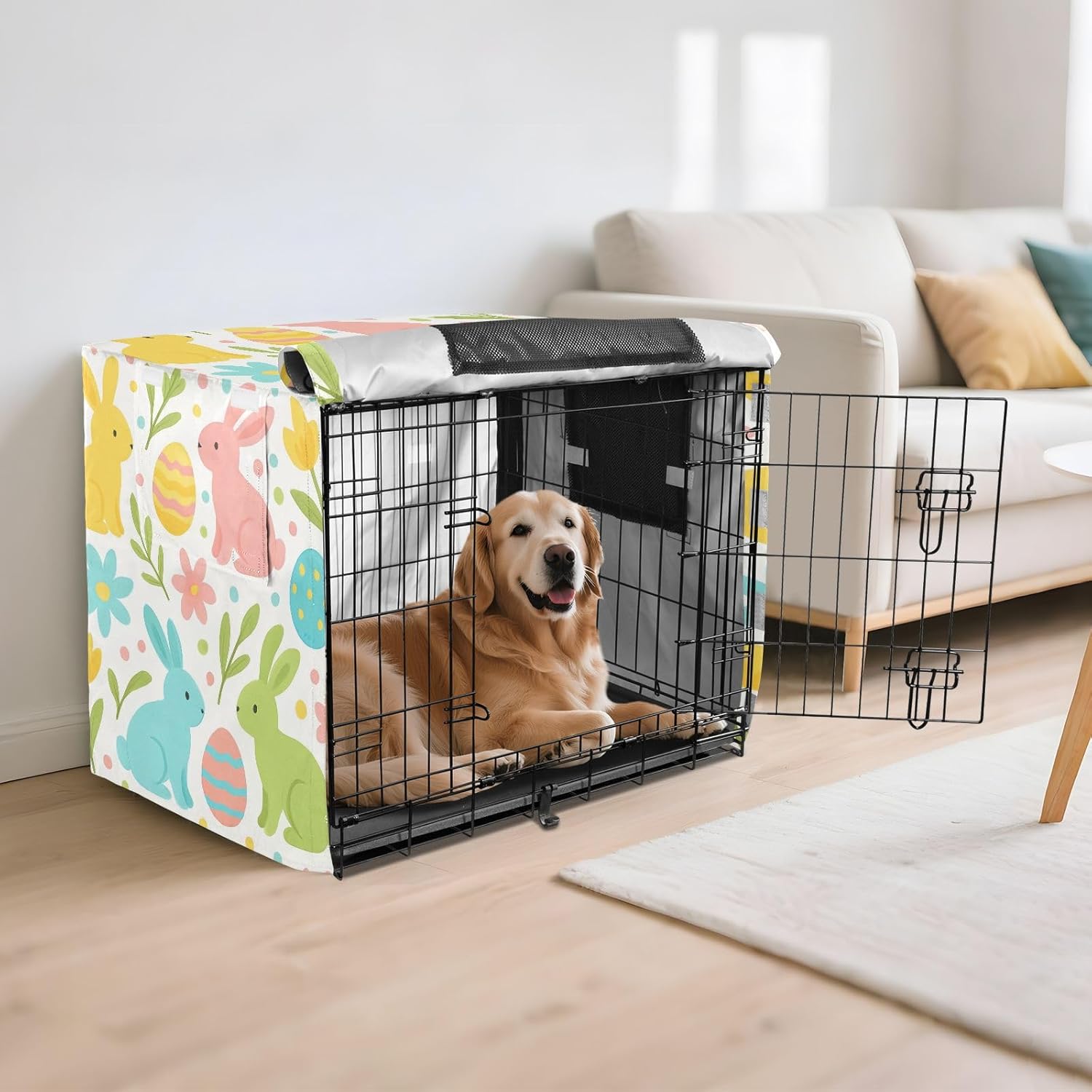 Spring Easter Bunnies White Dog Crate Cover Fixed Buckle at Bottom, Cage Cover for Puppies Training, X-Large