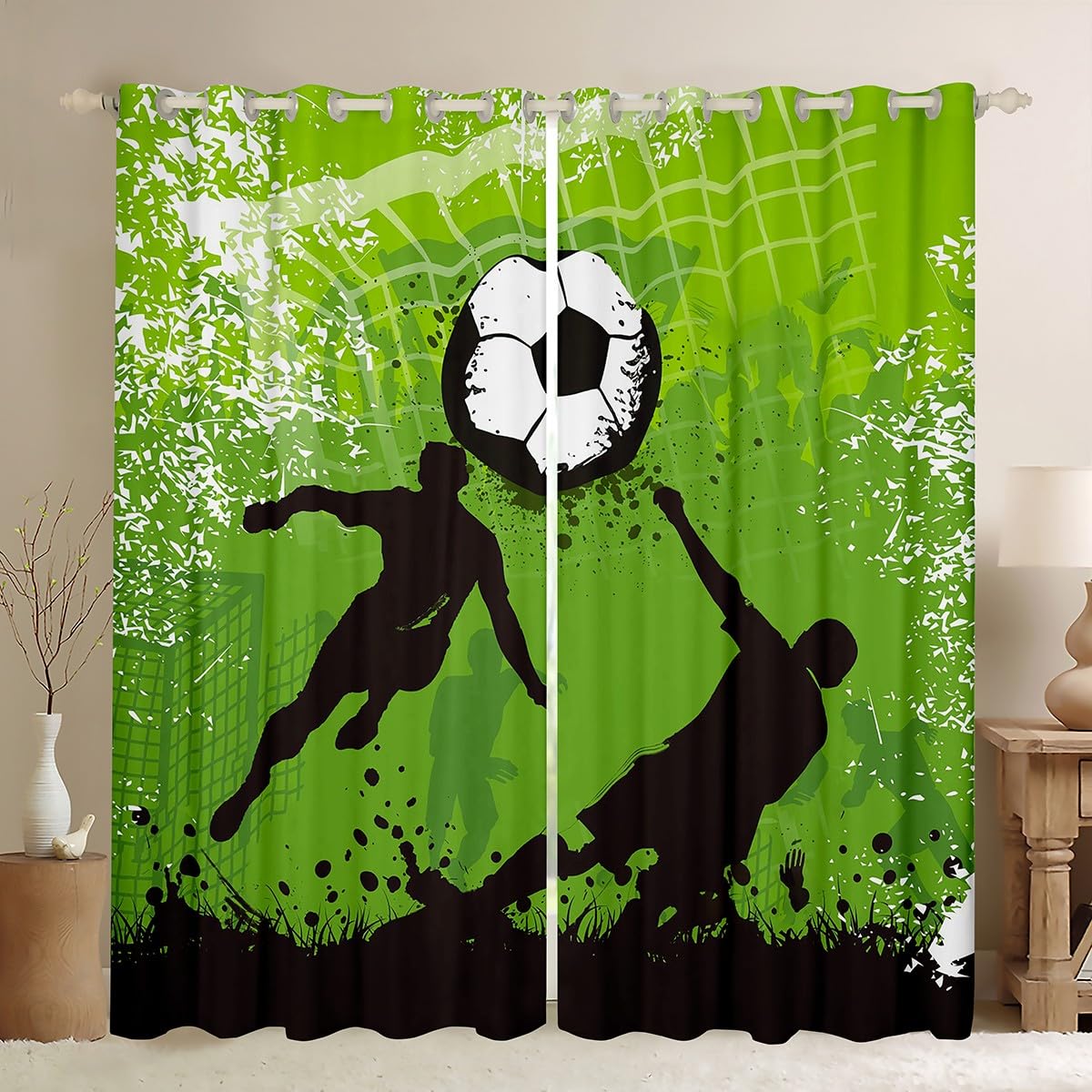 Boys Soccer Curtains,Cartoon Sports Games Window Curtains for Boys Girls Teens,Green Football Field Window Treatment Curtains Home Decor,Tie-dye Darkening Drapes for Living Room Bedroom,84Wx63L