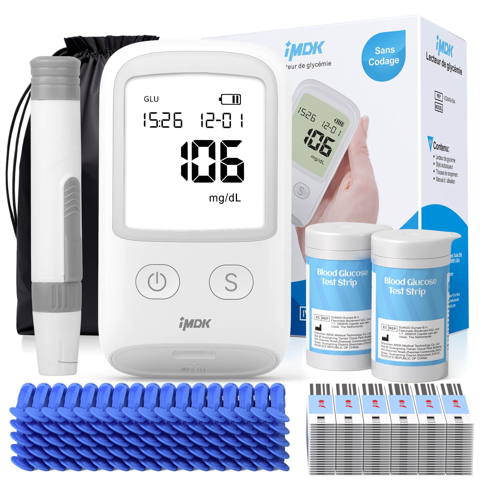 IMDK Blood Glucose Monitor Kit, 𝗖𝗹𝗶𝗻𝗶𝗰𝗮𝗹𝗹𝘆 𝗔𝗰𝗰𝘂𝗿𝗮𝘁𝗲 Blood Sugar Test Kit with 100*Glucometer Strips, 100*Lancets, 1*Lancing Devices, No Coding Required