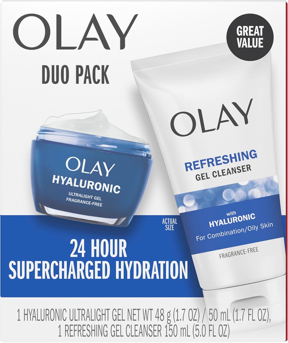 Olay Hyaluronic Duo Pack, Refreshing Gel Face Wash, Fragrance-Free 5 fl oz, Hyaluronic Ultralight Gel Face Moisturizer, Fragrance-Free 1.7 oz