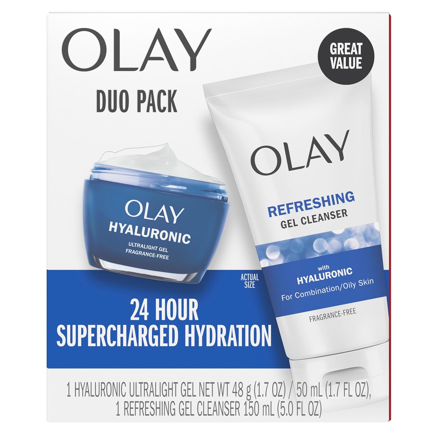Olay Hyaluronic Duo Pack, Refreshing Gel Face Wash, Fragrance-Free 5 fl oz, Hyaluronic Ultralight Gel Face Moisturizer, Fragrance-Free 1.7 oz