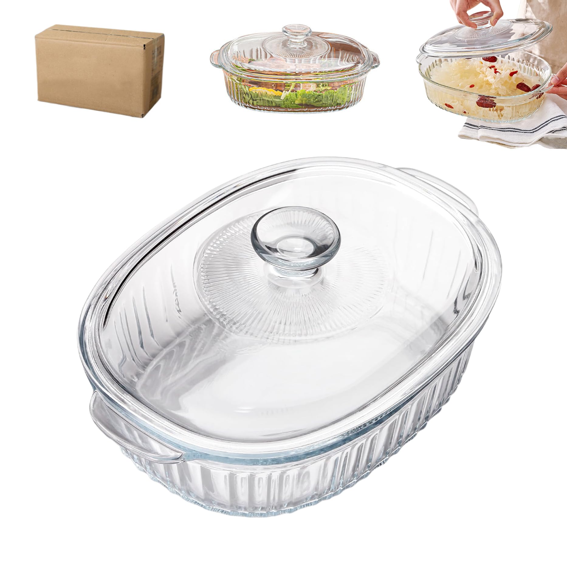 Casseruola in Vetro con Coperchio Pirofile in Vetro da 1, 5 l Resistente al Calore/Freddo Casseruola con Manici Piatti di Forma Ovale per Forno Adatto al microonde con coperchi
