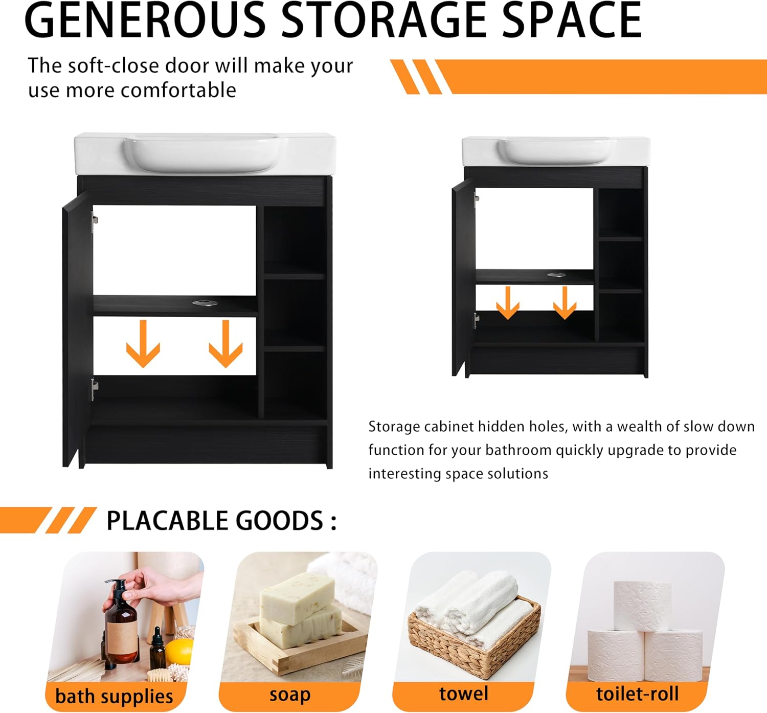 28 Inch Floating Vanity, 28'' Freestanding Bathroom Vanity with Sink, Single Sink Cabinet for Small Bathrooms, Soft-Close Door, Ceramic Basin & Plywood Construction, Black
