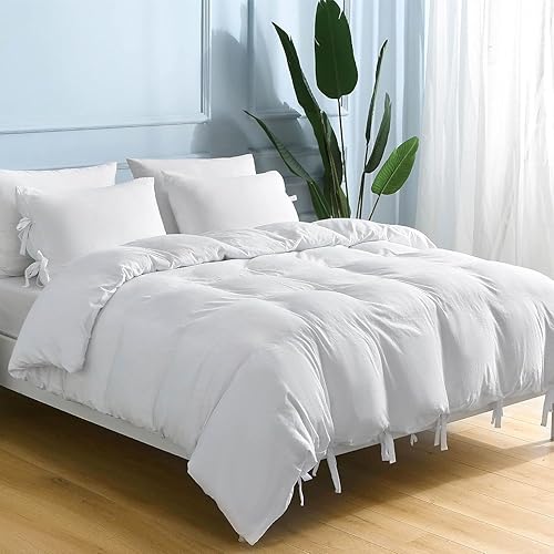 Miniatura 7 de ILAVANDE Juego de funda de edredón blanca tamaño Queen, microfibra lavada ultra suave, funda de edredón de 3 piezas con corbatín, 1 funda de edredón