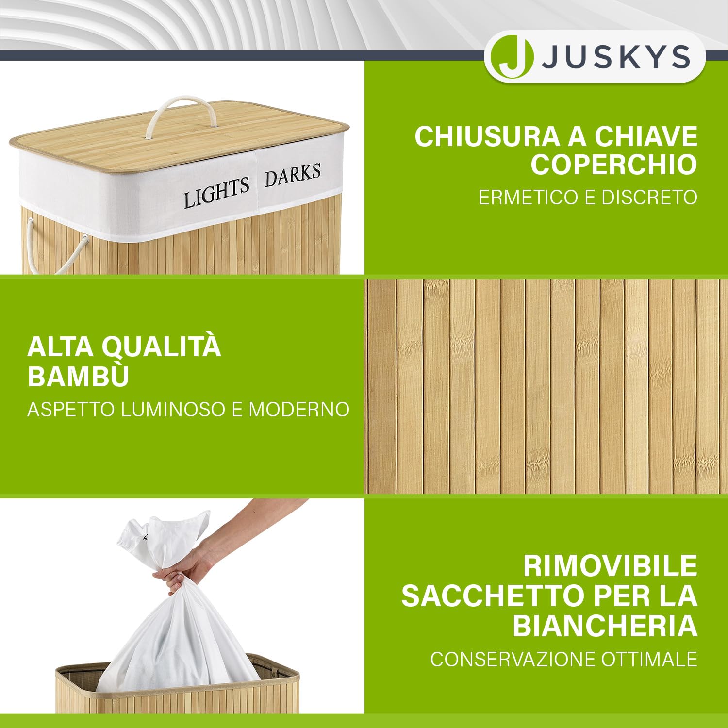 Juskys Cesto da bucato in bambù Curly 100 litri naturale - Cestino da biancheria con coperchio, maniglia e 2 scomparti - Borsa per bucato in tessuto Cestino da biancheria rimovibile e lavabile
