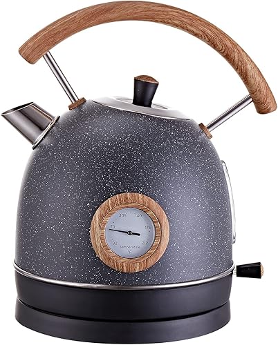 Tetera eléctrica, tetera retro de 1.7 L para agua hirviendo, acabado de piedra natural, tetera de agua caliente SMOLON con mango de patrón de