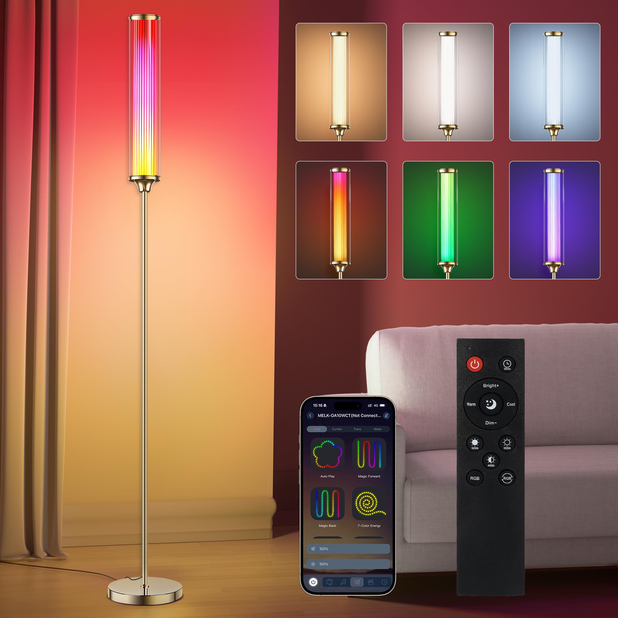 FRIDEKO HOME LED Floor Lamp with App & Remote Control, Gold, Modren Smart RGBCW Standing Lamp with 16 Million DIY Colors, 24 Scenes,Tall Corner Lamp for Living Room, Bedroom, Office, Party