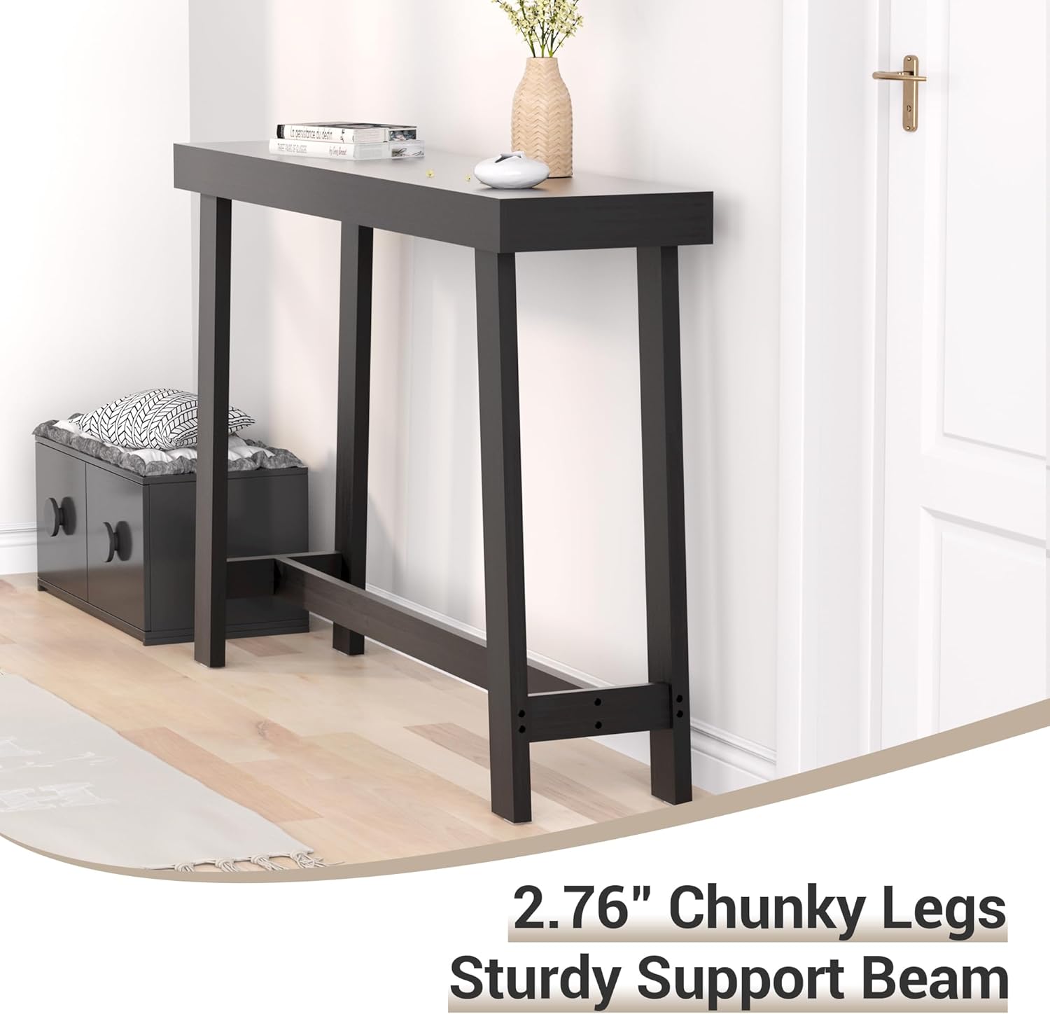 Bamboo Wood Entryway Table 47.2 Console Table, Narrow Sofa Table with Support Beam for Entrance, Hallway, Living Room, Bedroom, Foyer(Black)