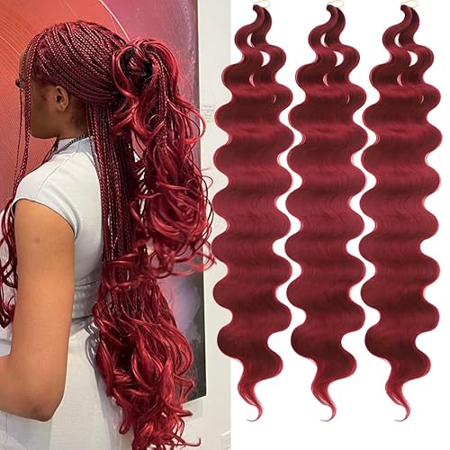 Miniatura 1 de Cabello ondulado de ganchillo de 24 pulgadas, 3 paquetes de cabello trenzado ondulado color burdeos con ondas oceánicas, extensiones de cabello