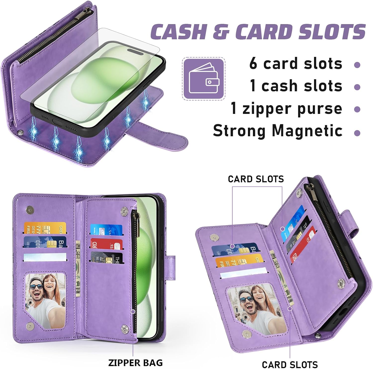 Phone Case for iPhone 15 Plus 6.7 inch Zipper Wallet Magnetic Detachable Cell Cover with Screen Protector Crossbody Lanyard Strap Flip Card Holder Slot i-Phone 15+ 5G i i15 + iPhone15 15Plus Purple