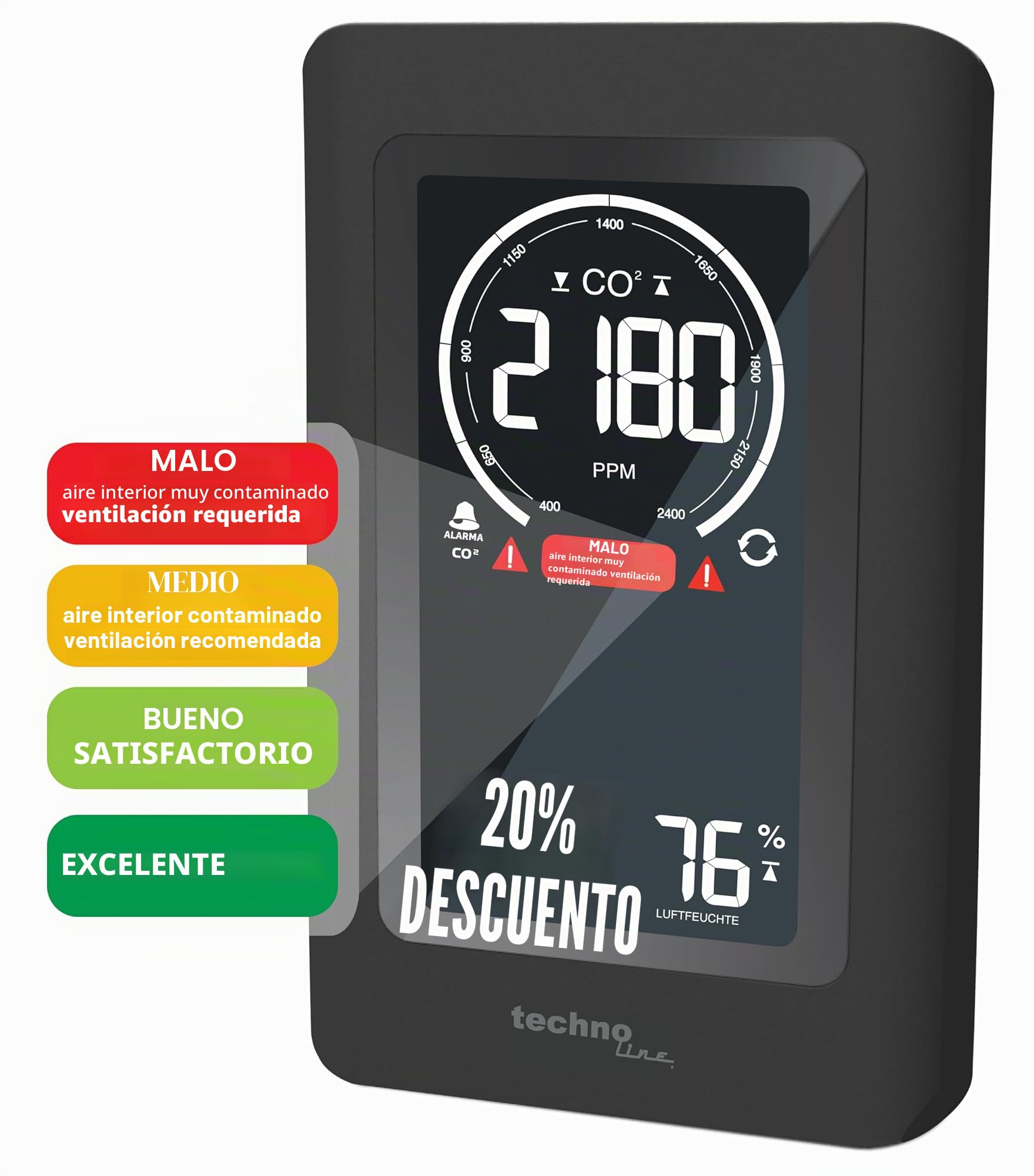 techno line WL1030 Co2 Medidor de dióxido de Carbono, Negro