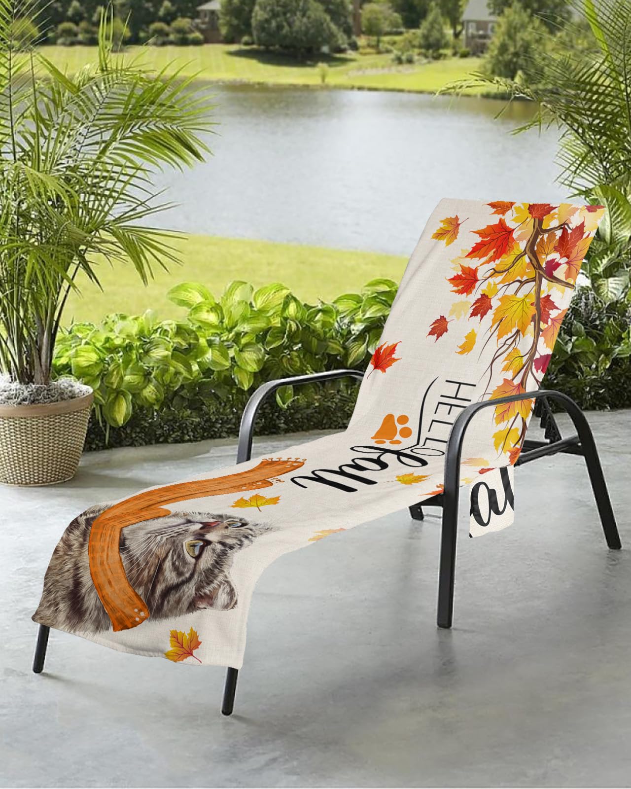 Thanksgiving Beach Chair Towel Covers for Chaise Lounge with Side Pocket, Soft Plush Pool Towels Cover for Patio Sunbathing Outdoor 29''x85'' Rustic Fall Leaves Watercolor Cat Beige