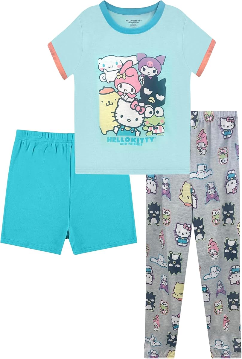 Hello Kitty Conjunto de pijama para niñas – Pantalones, camiseta y pantalones cortos de 3 piezas – Conjunto de pijama para niños, pijamas para niñas pequeñas