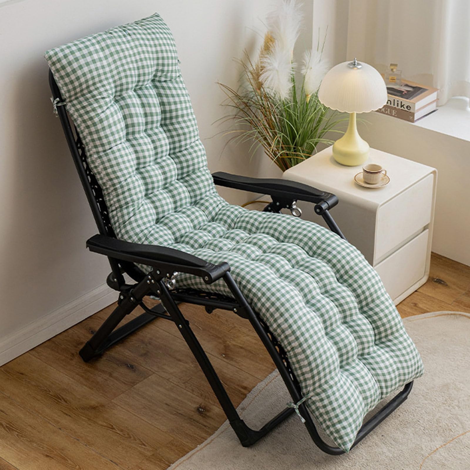 FANSU Recliner Sun Lounger Cushions, Plaid Gingham Style Recliner Chair Cushion Pads Garden with Ties Anti-Slip Quilted Thick Padded Relaxer Garden Chair for Patio Outdoor (Green,48x120cm)