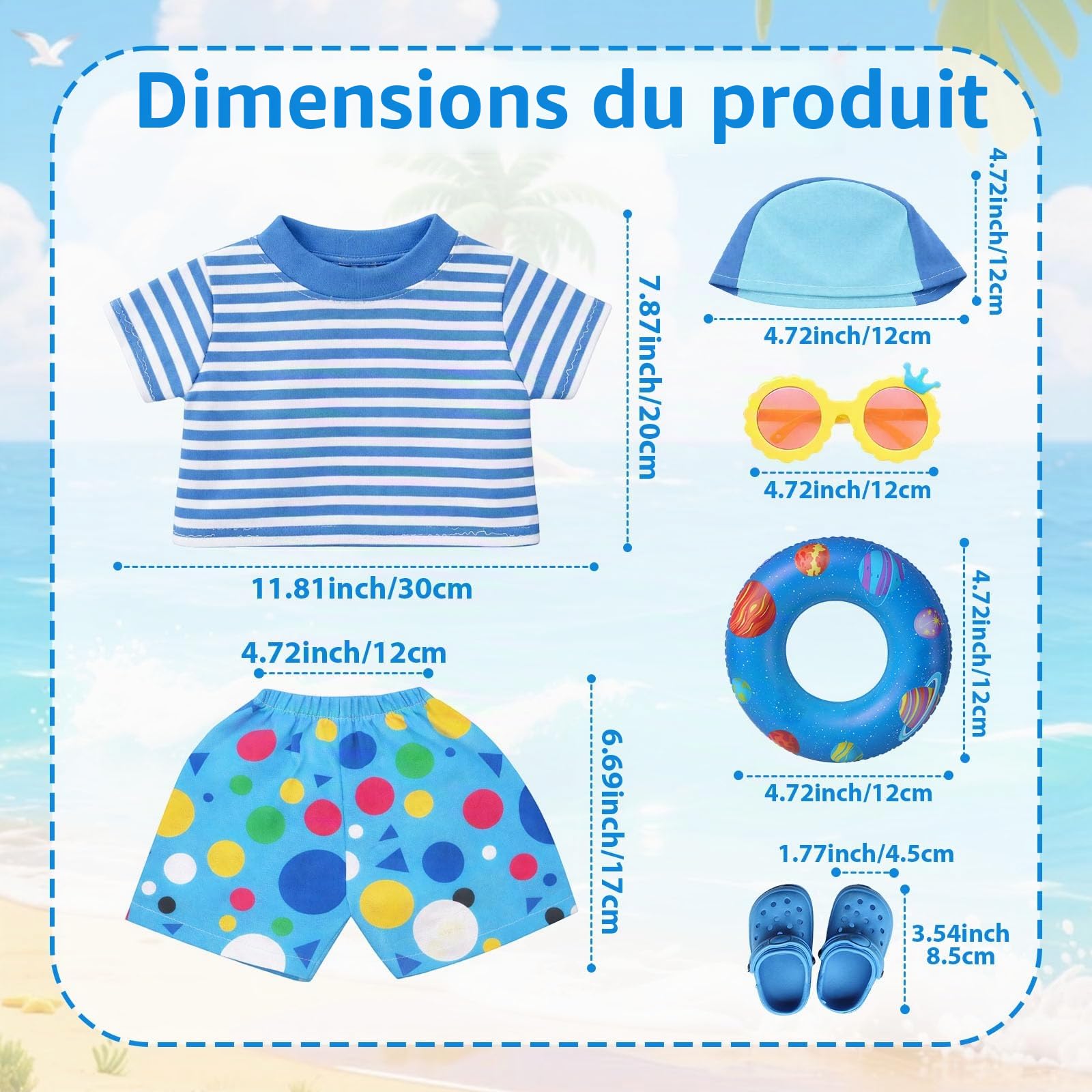 Lot de 6 maillots de bain pour poupées de 35 à 45 cm, motif bleu marine avec bonnet de bain, bouée, chaussures et lunettes de soleil pour poupées de 35 à 45 cm
