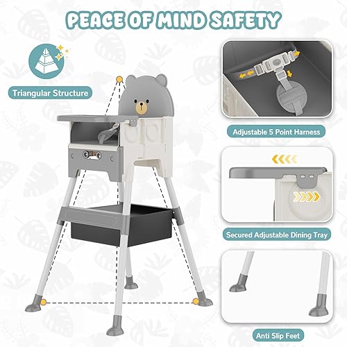 Miniatura 7 de Baby High Chair 3 in 1 High Chairs for Babies and Toddlers Bear Toddler Chair Adjustable Height Highchair with Bib and Storage Bag for Baby