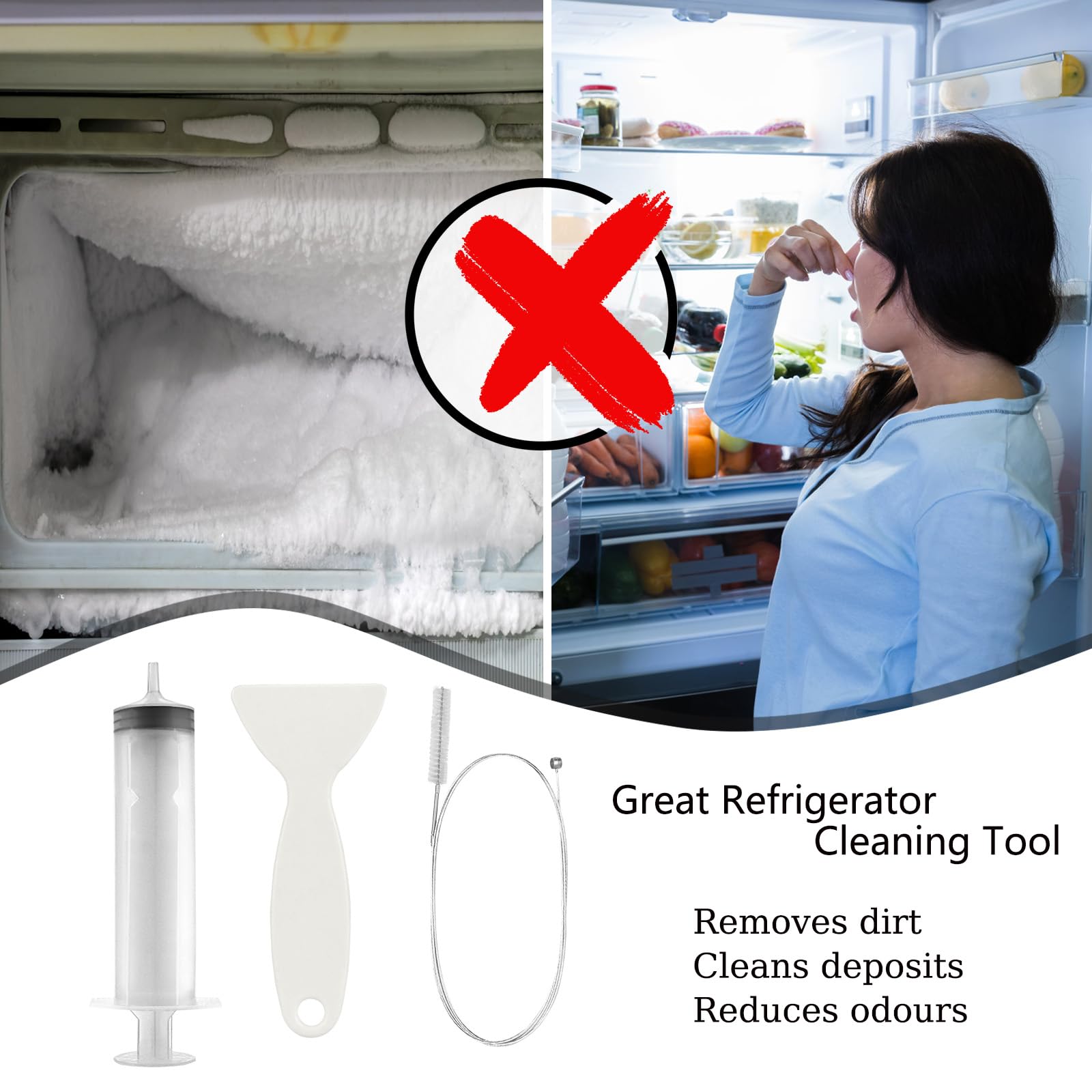 11 Piezas Kit De Limpieza De Refrigerador, Reutilizable Cepillo De Limpieza para Frigorífico, Cepillo De Limpieza para Frigorífico con Jeringa, Manguera, Pala De Descongelación, Tapones