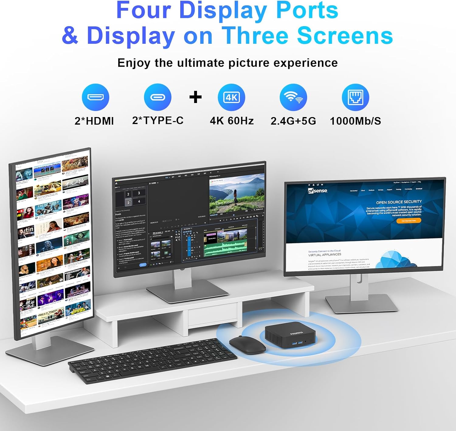 AWOW Mini PC connected to three monitors for multi-display setup