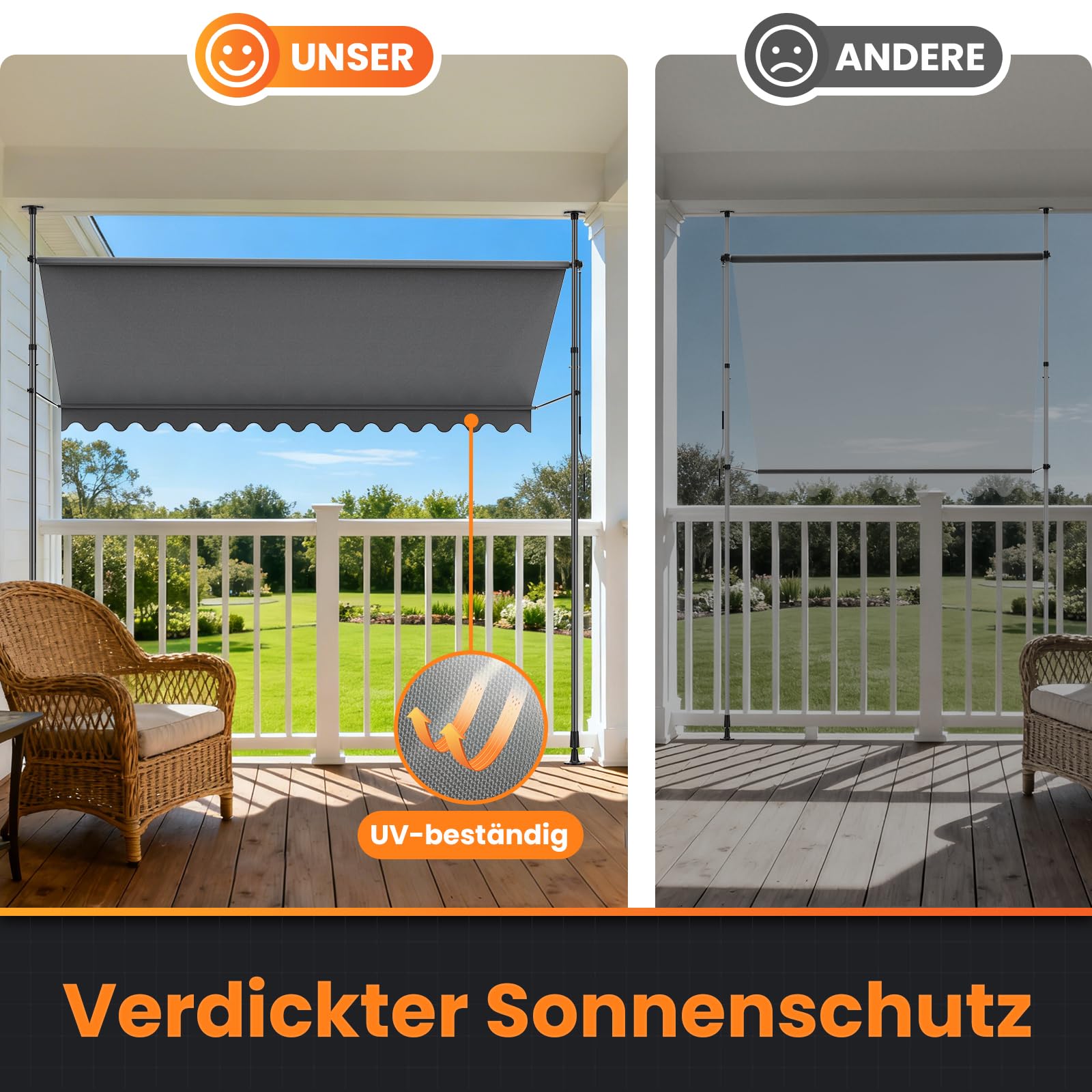 YEAUPE PRO Store banne | Store banne de Balcon sans perçage | Manivelle | Protection UV, Hauteur réglable, Imperméables | Gris (250 x 180 cm)