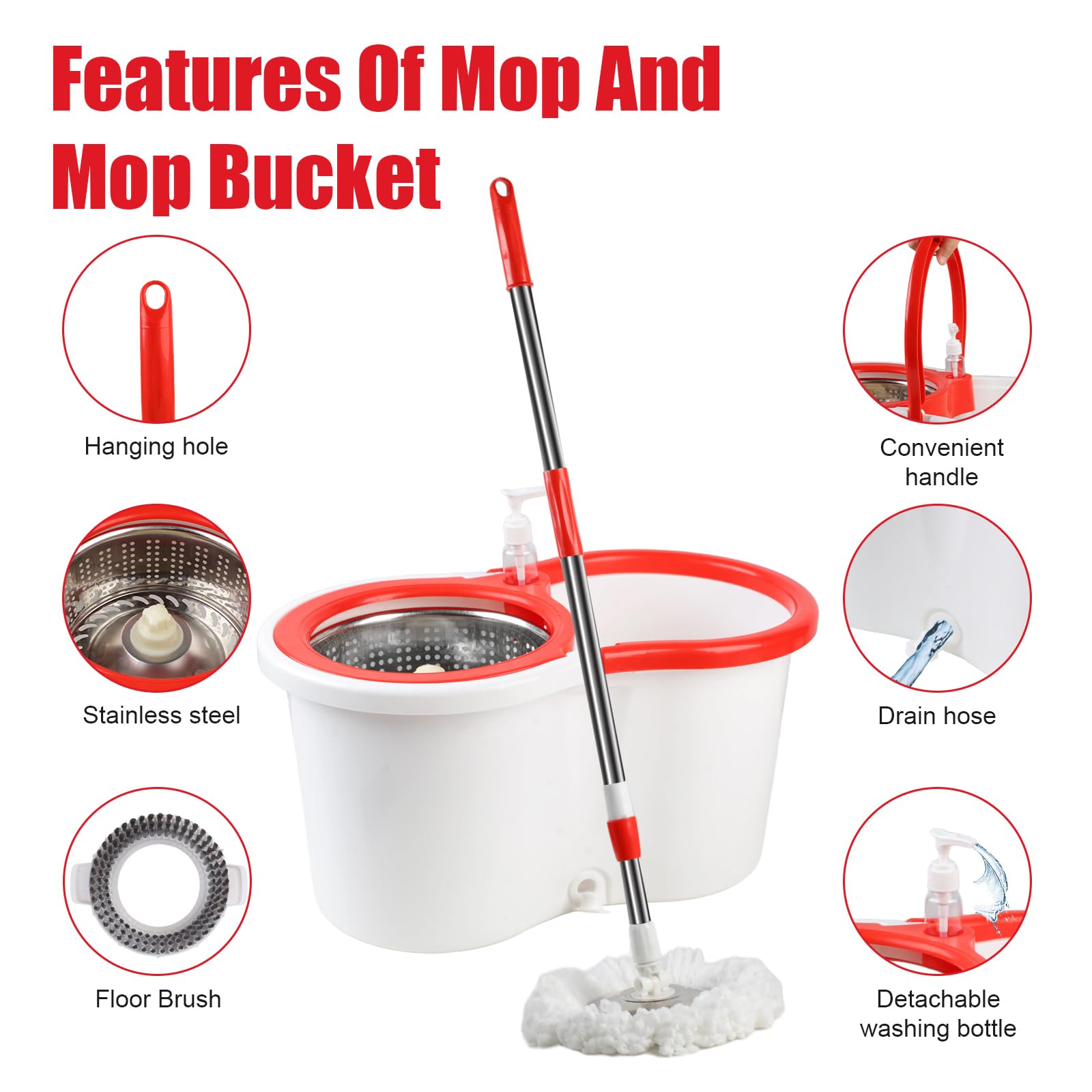 Trapeador giratorio y cubo con juego de escurridor, sistema de cubo giratorio de 360° con 6 cabezales de repuesto de fregona de microfibra y mango ajustable de acero inoxidable de 61 pulgadas para
