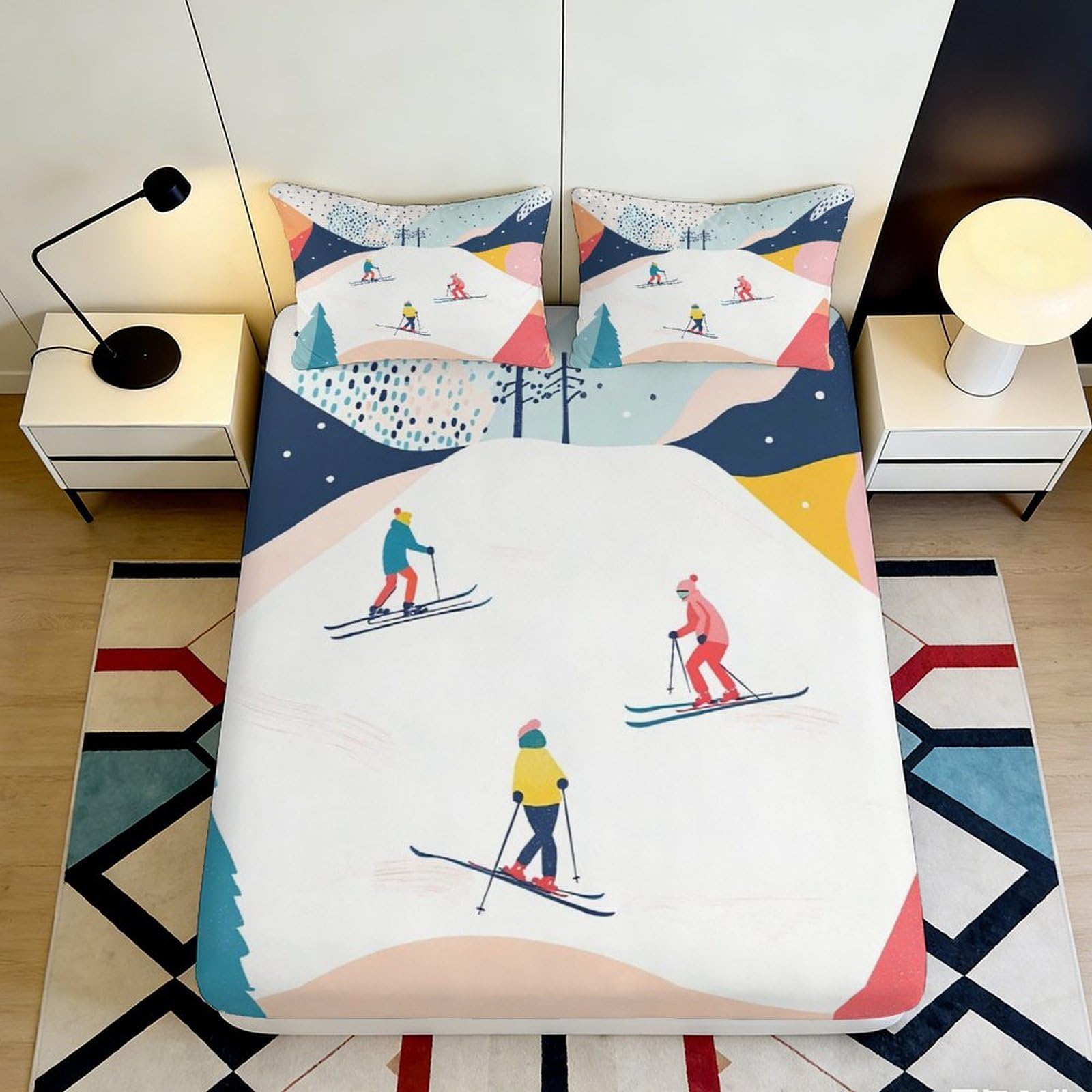 3D Printed Skiing Landscape Fitted Sheet Microfiber Soft Snow Scene Bed Cover for Bedroom Guest Room Decor Mattress Protection 180x200x25cm