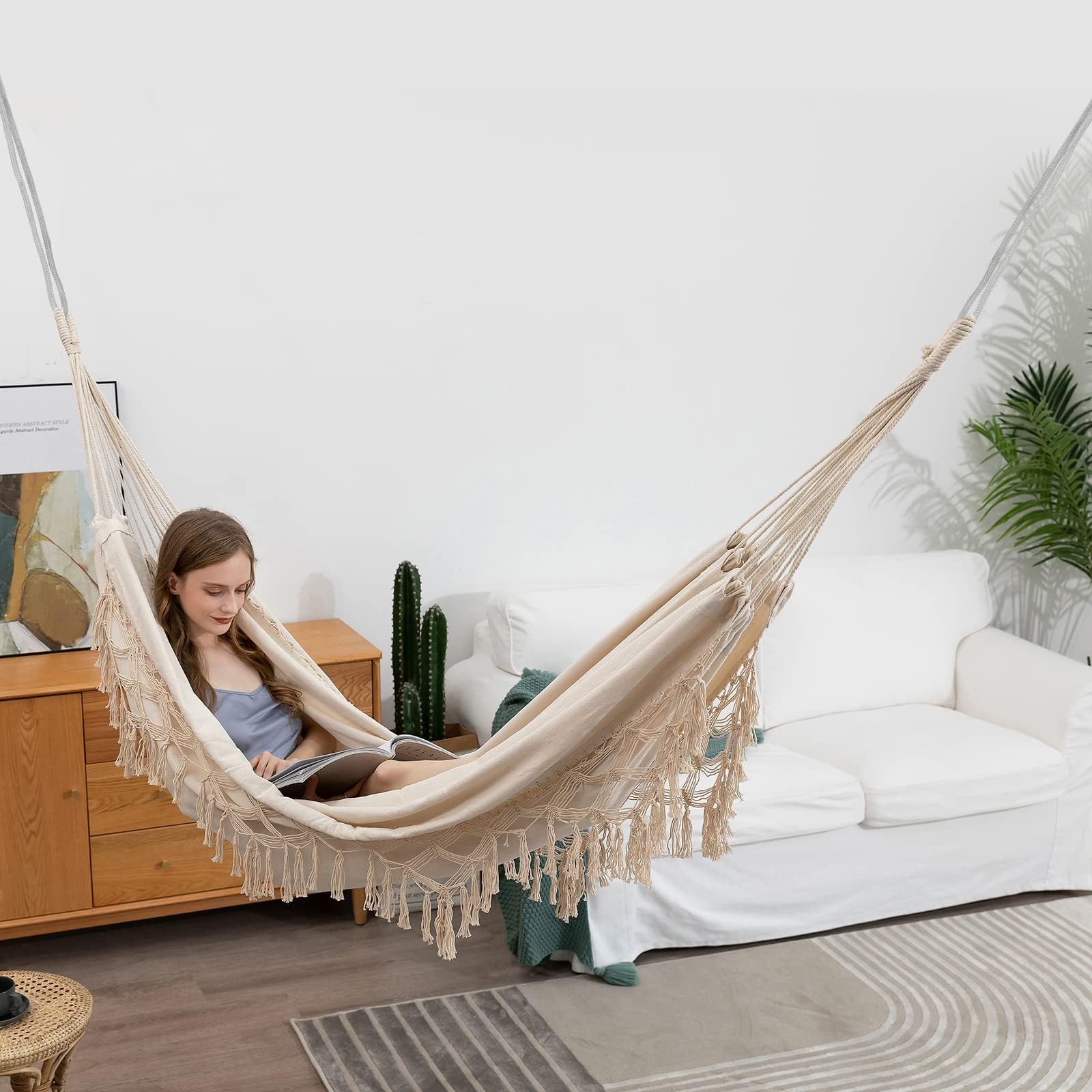 Hamac de Jardin avec Glands élégants Macrame Hammock lit avec Sac de Transport pour Le Patio, Cour, extérieur et intérieur Charge 204kg