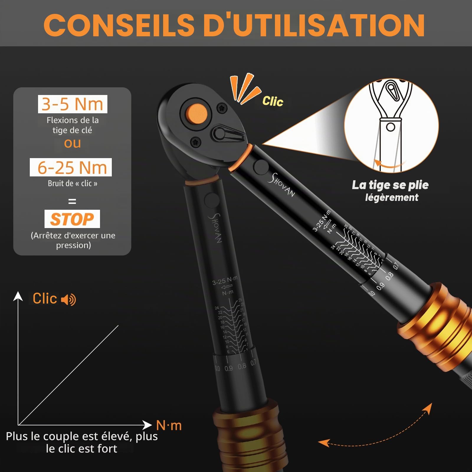 ss shovan Clé Dynamométrique Vélo 3-25 Nm, jeu de cle dynamometrique 1/4", Comprend un adaptateur 1/4" à 3/8", un cardan et une rallonge de 100 mm, pour Moto y vélo Route et de Montagne