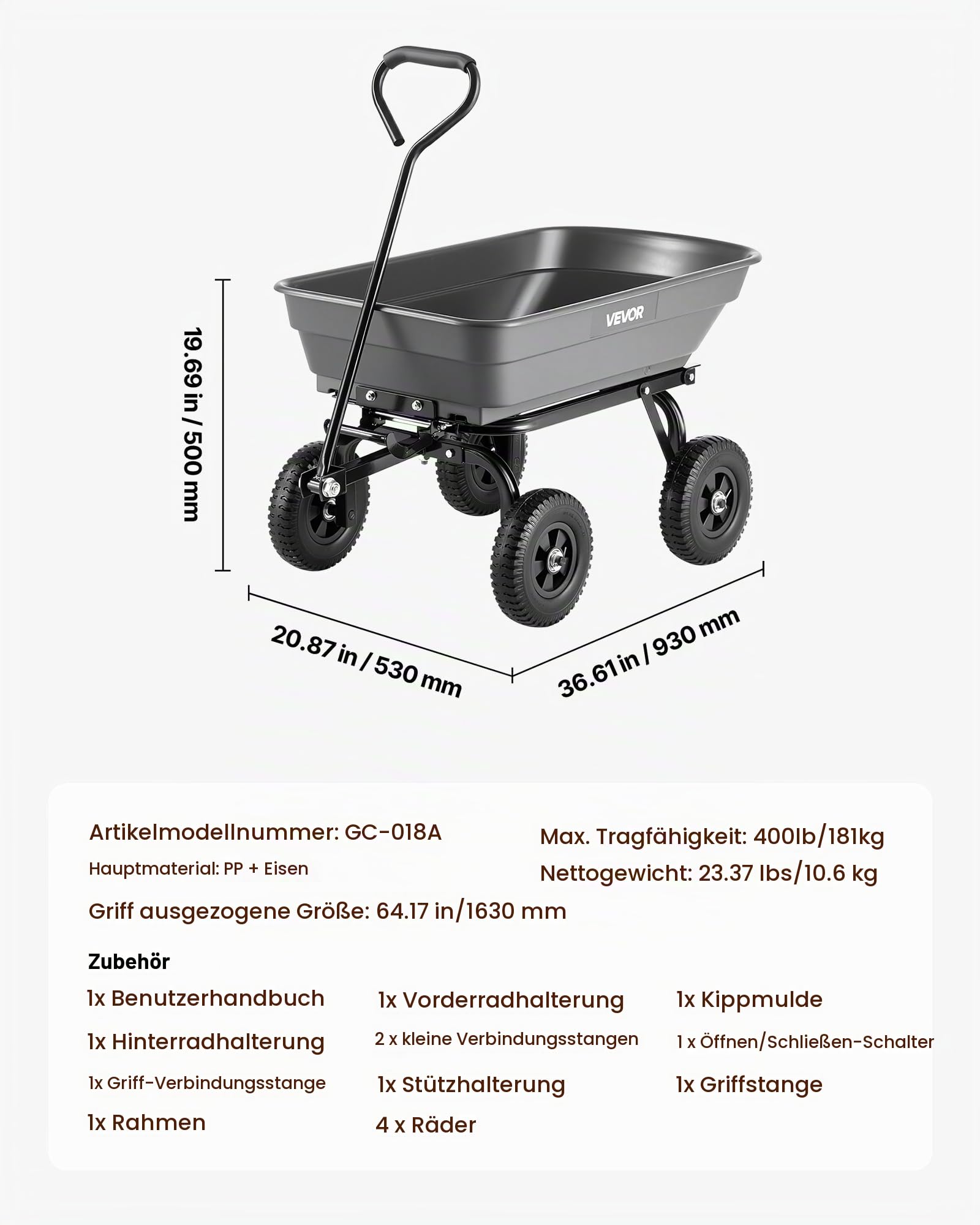 VEVOR Gartenwagen mit Kippfunktion, 181 kg Belastbarer Bollerwagen 270° Drehbarer Transportwagen für Gartenarbeit aus Kunsttoff & Stahl mit 8 Zoll Kunststoffreifen, Kippwagen für Rasen, Kies & Schlamm
