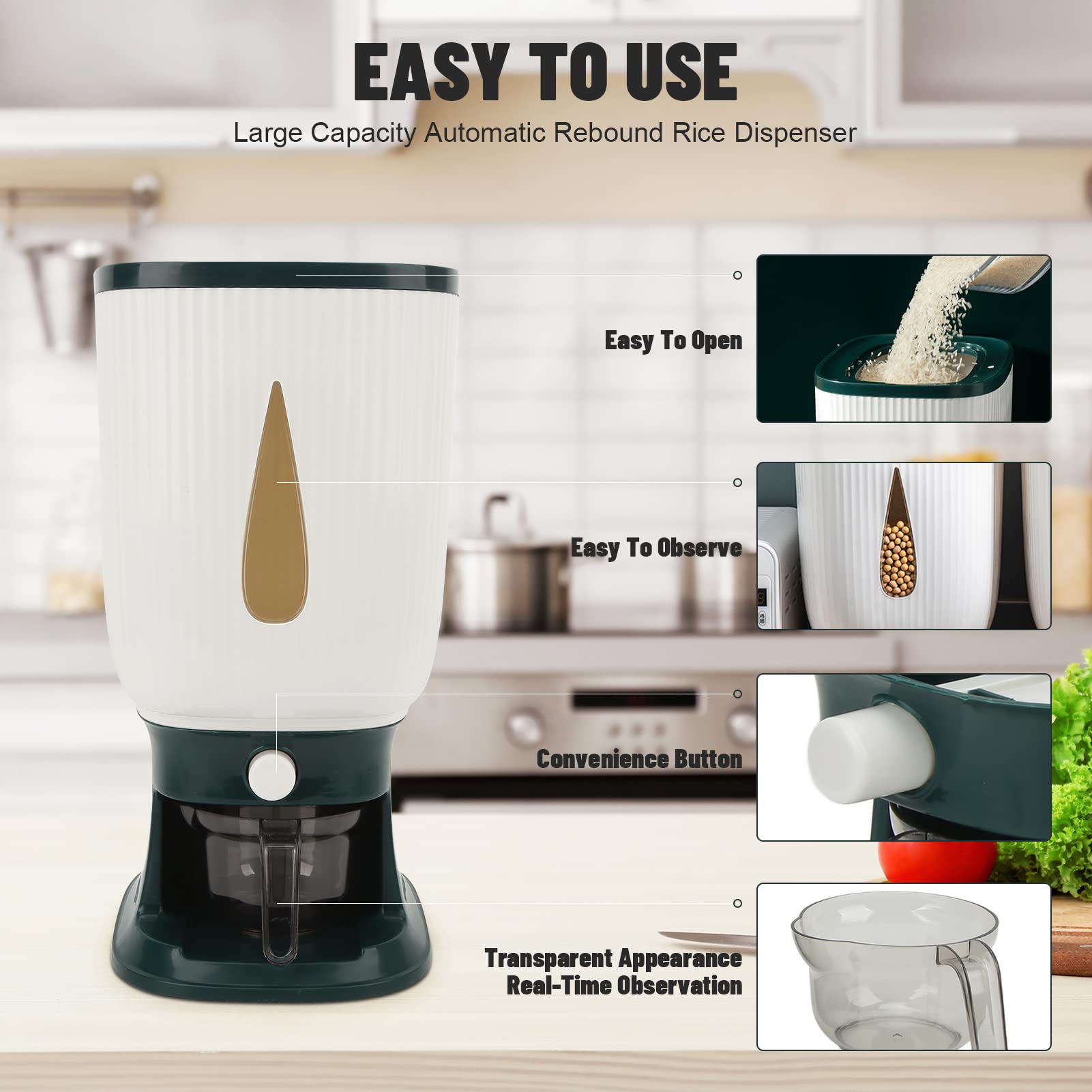 Distributore di Riso per Uso Domestico,10 kg di Rimbalzo Automatico di Grande capacità, Contenitore per Cereali Alimentari con Bicchiere, Contenitore per (Verde)