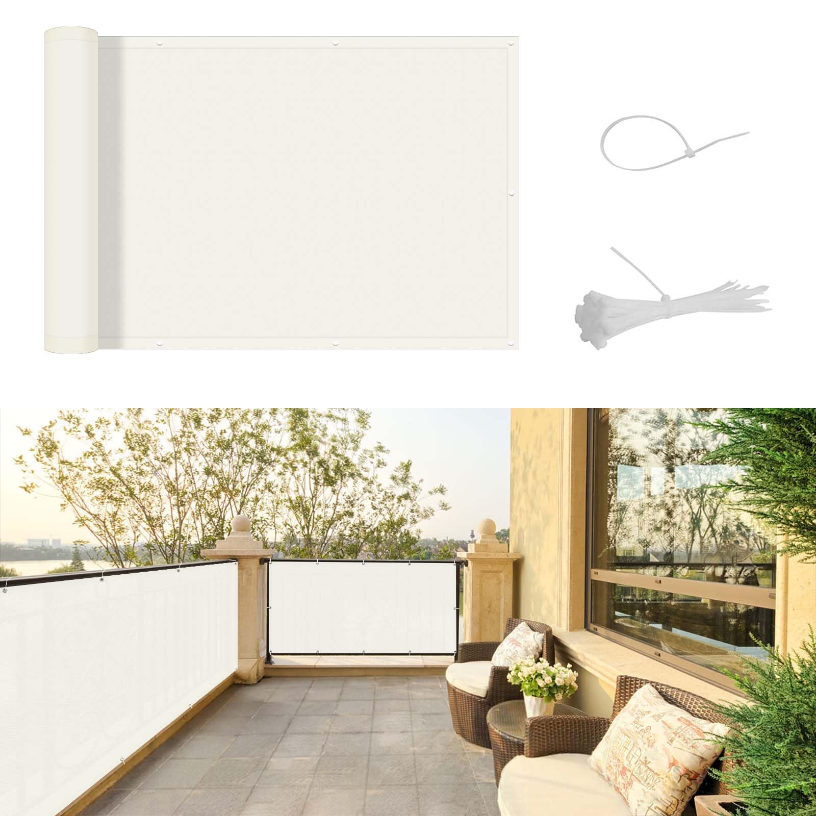 SUNNY GUARD Brise Vue Balcon 90x300cm Cache Vue Balcon,Protection UV,Coupe-Vent et Imperméable,pour Terrasse Jardin Patio,avec Attaches de câble,Crème