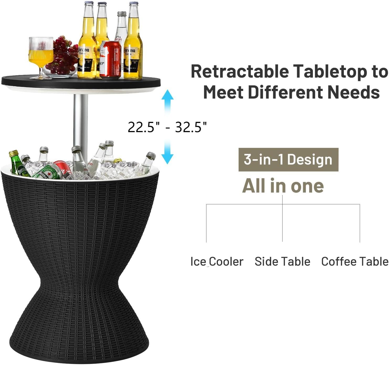 Cool Bar Table with Ice Bucket, 8 Gallon Beer and Wine Cooler with Height Adjustable Tabletop & Drainage Plug, 3-in-1 Rattan Style Cooler Side Table Outdoor for Party Pool Deck Patio (Black)