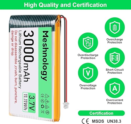 Miniatura 2 de Batería Li de 3.7 V 3000 mAh con cable de cargador USB 103665 1S Batería LiPo con placa de protección, cinta de goma aislada y enchufe micro JST