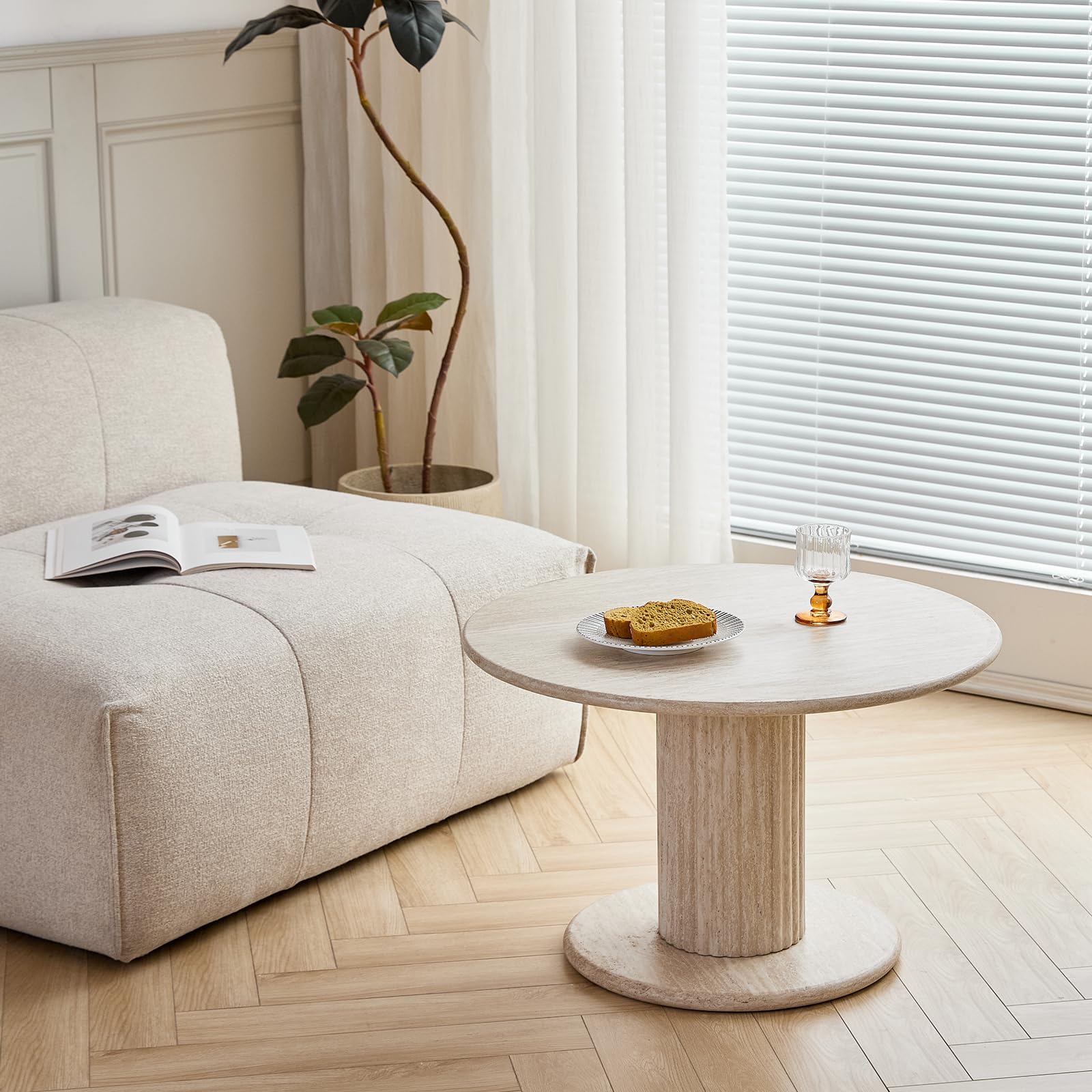 GrandCA HOME Ensemble de 2 Tables Gigognes Rondes avec Pieds Cylindriques à la Base, Effet Imitation Travertin Jaune, Table Basse de Style Minimaliste Moderne pour Salon ou Chambre