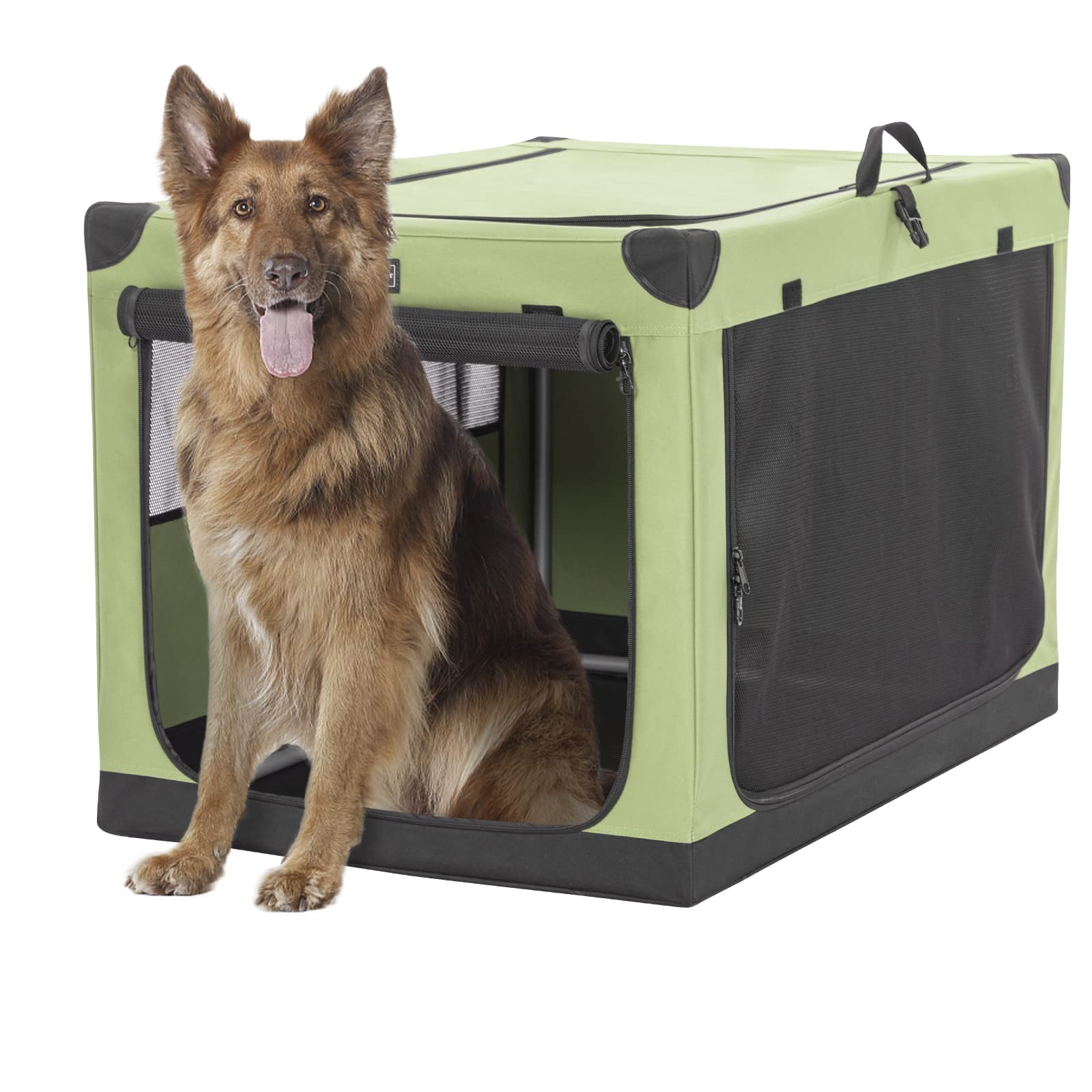 Photo 1 of **MINOR TEAR & WEAR**Dog Crates for Large Dogs, Adjustable Fabric Cover by Spiral Iron Pipe, Strengthen Sewing Escape Proof Dog Crate 3 Door Design Green 39.5" x 25" x 25" Green Cuboid