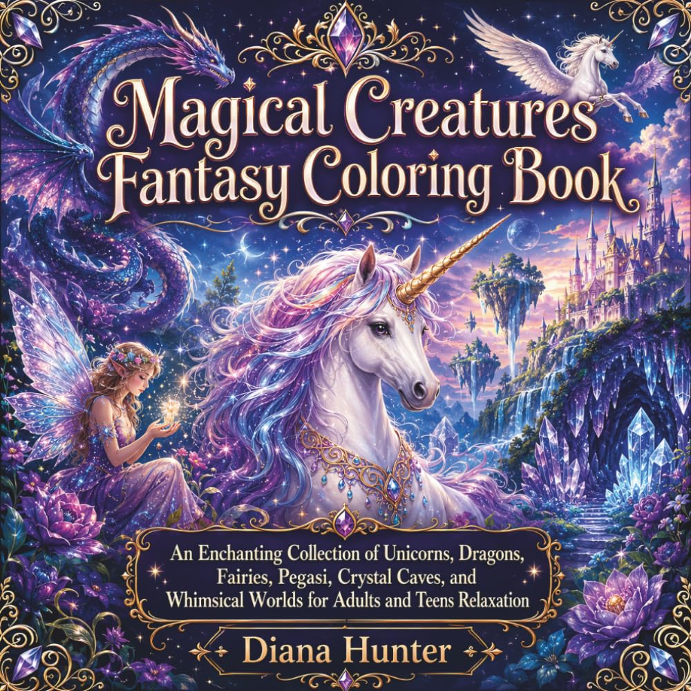 Magical Creatures Fantasy Coloring Book: An Enchanting Collection of Unicorns, Dragons, Fairies, Pegasi, Crystal Caves, and Whimsical Worlds for Adults and Teens Relaxation
