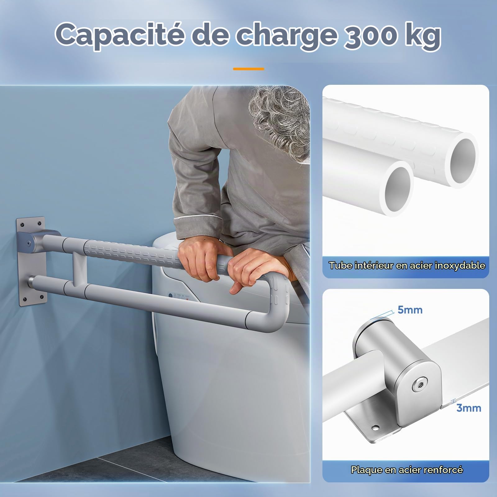 75cm Barre D'appui WC, Barre Toilette Handicapé, Charge portante 300-350kg, Barre D'appui de Salle de Bain en Acier Inoxydable avec 6 Cercles Lumineux pour Handicapé,Âgé,Enceint (White, 75cm)