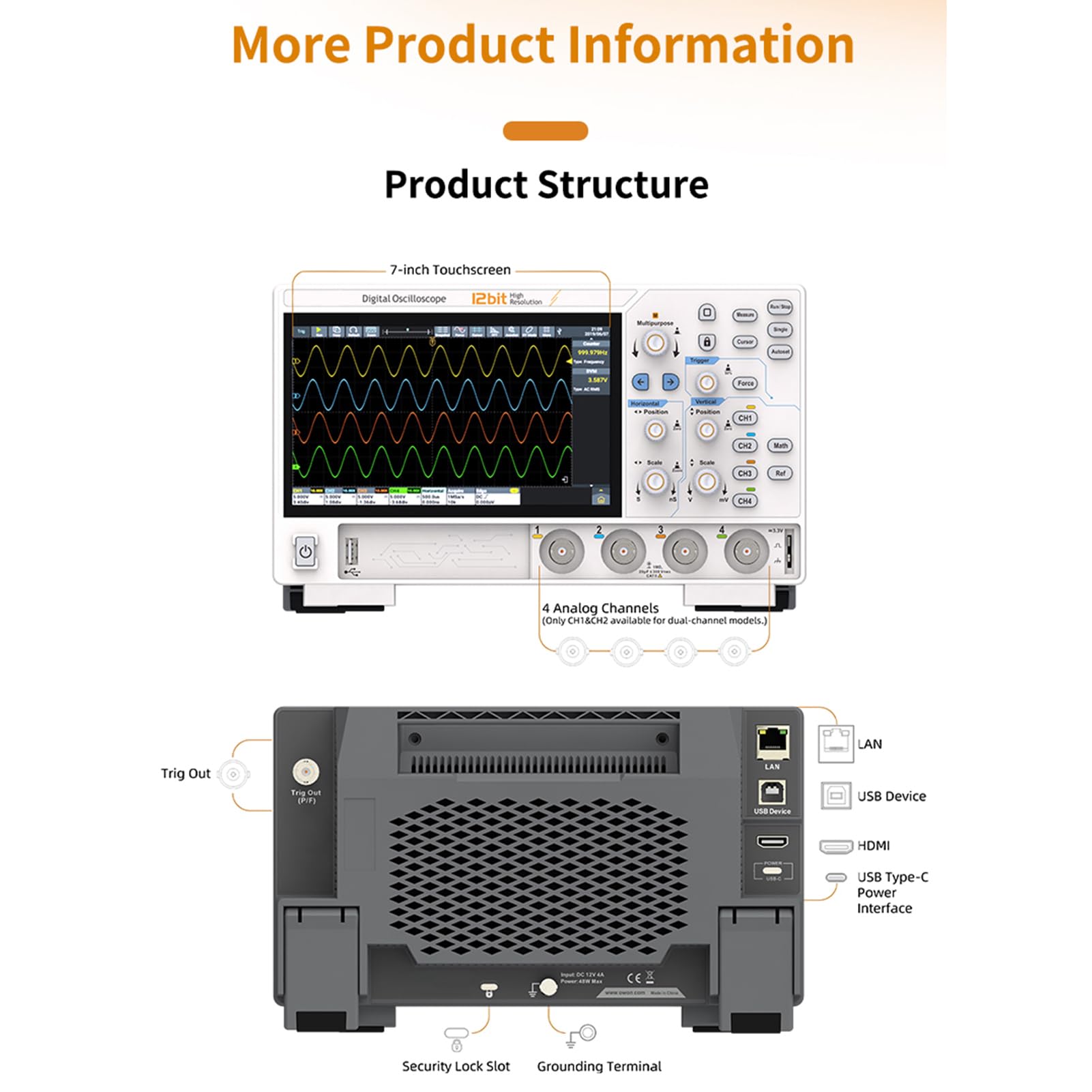 100 MHz Digitaler Oszilloskop 12 Bit 2 Kanal FFT Spectrum Analyzer Tragbares Oszilloskop -Multimeter (EU-Stecker (100-240 V AC))