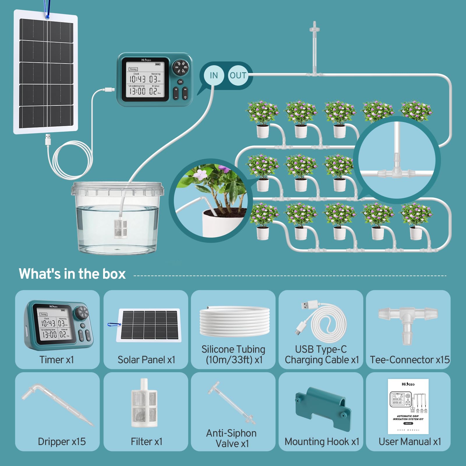 Kit di Irrigazione a Goccia Automatico con Pannello Solare 4W | Pompa 800ml/min per 15 Piante, Batteria 2000mAh, Display LCD 3.5" Programmabile, Valvola Antisifone, per balcone e giardino