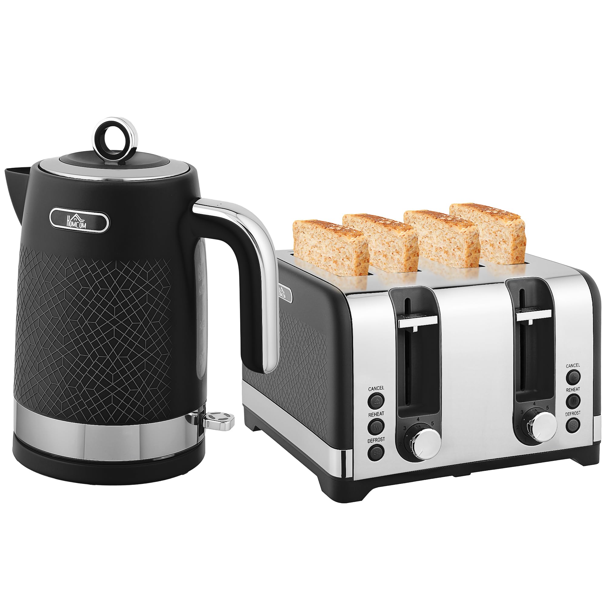 HOMCOM Kettle and Toaster Set 1.7L 3000W Jug Kettle 4 Slice Toaster Black