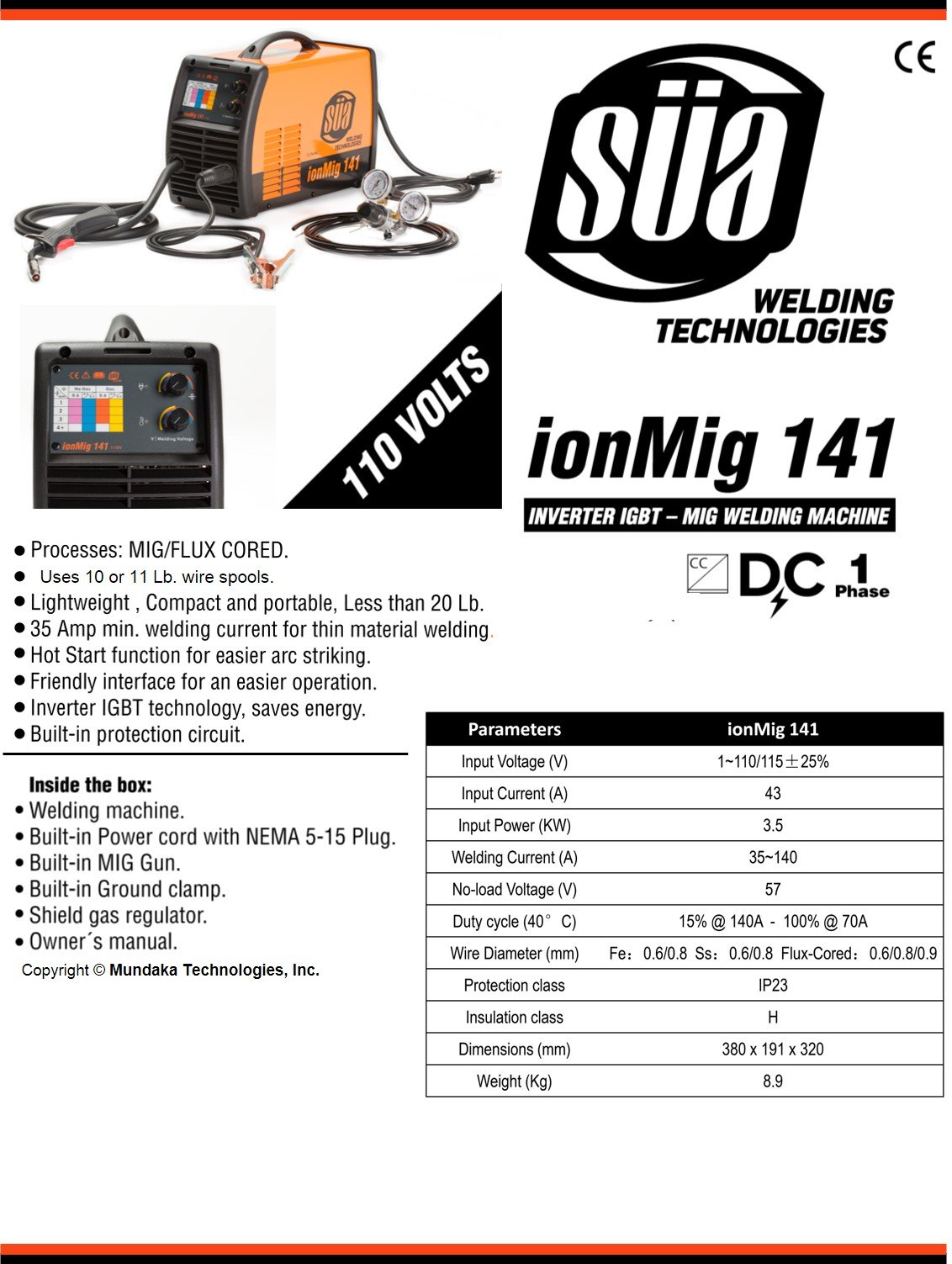 SÜA ionMig 141 Inverter IGBT MIG Welding Machine - 110 Volts - Uses 10 Lbs Wire