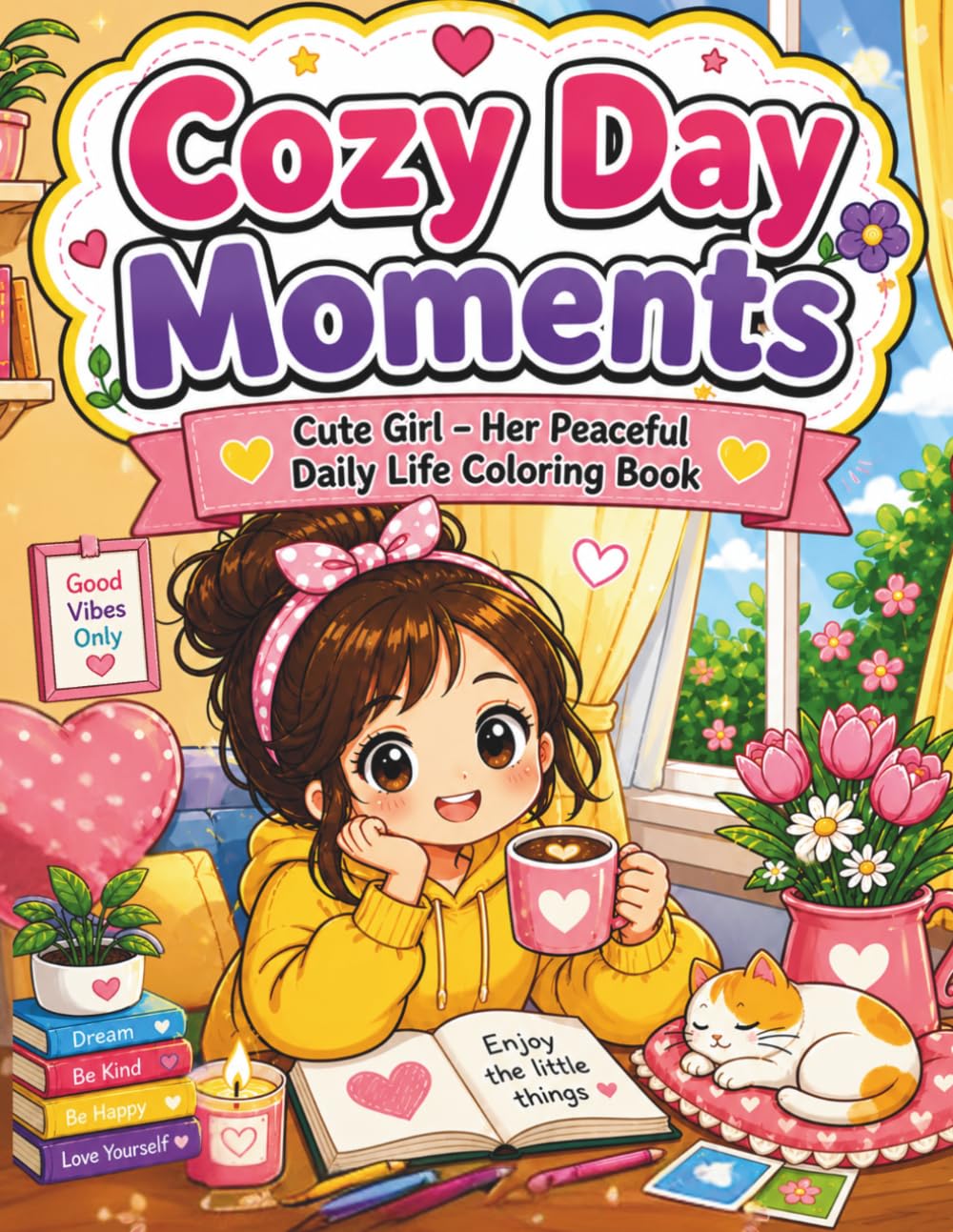 Cosy Day Moments Cute Girl - Her Peaceful Daily Life Coloring Book.: Perfect for relaxation & peaceful coloring time for teens and adults.