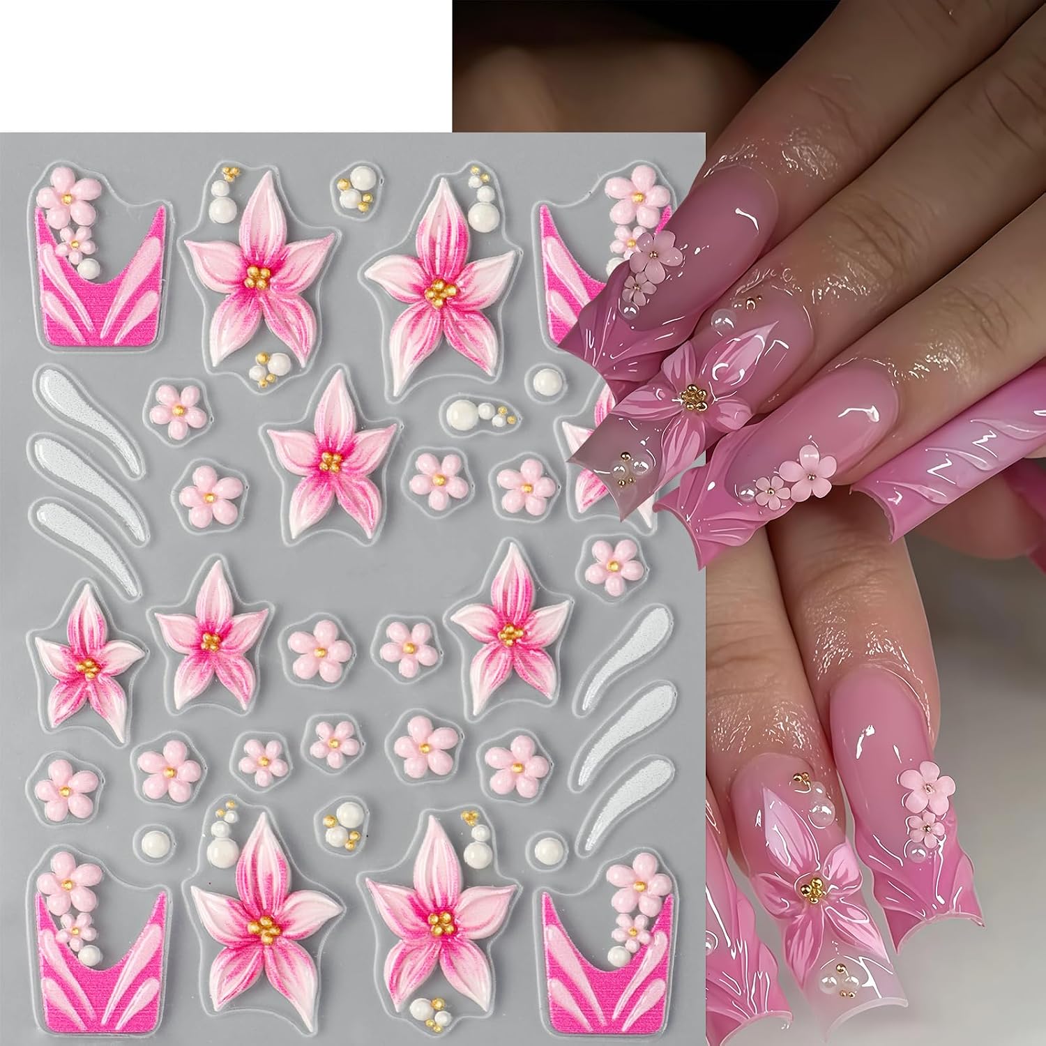 3Sheets Flower Nail Art Stickers Decals 5D Embossed Hibiscus Nail Stickers Lily Hibiscus Tropical Floral Nail Decals Hawaiian Floral Nail Design Manicure Accessories Vacation Nail Decoration for Women