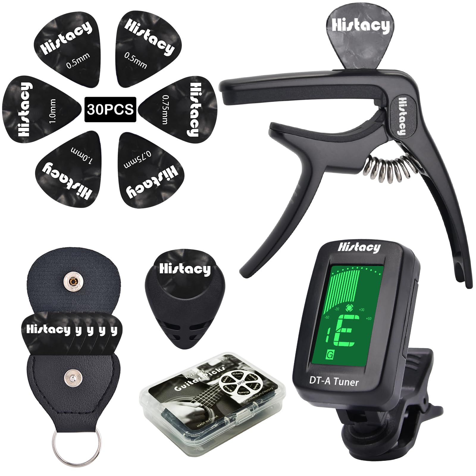 All Black Guitar Accessories Kit: Clip-On Tuner, 3-in-1 Capo, 30 Picks & Storage for Acoustic, Electric Guitar, Bass & Ukulele, All-in-One Perfect Guitar Gift Set for Men & Beginners & Pros