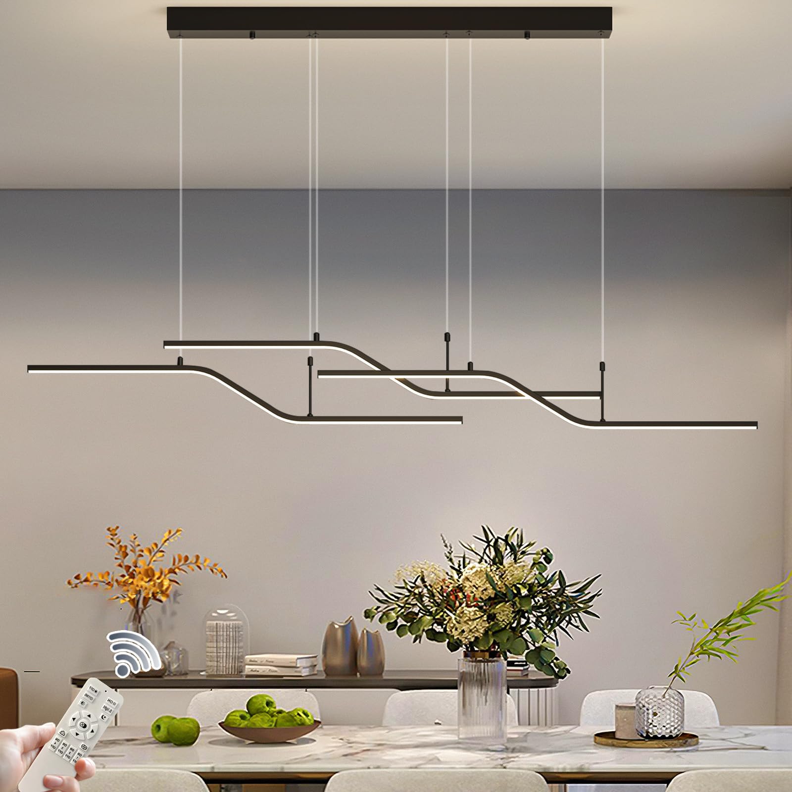 Siittoo Modern Pendant Light Fixtures, Dimmable Led Linear Chandelier Lighting with Remote, Modern Dining Room Light Fixture, Black Pendant Lighting for Kichen Island, Dining Room, Living Room (45W)