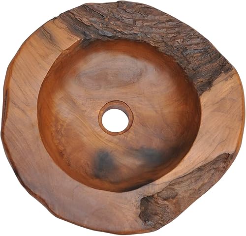 Miniatura 3 de Lavabo de madera de teca maciza, fregadero de baño sobre encimera, estilo natural hecho a mano, 17.7 pulgadas, marrón, para baño doméstico